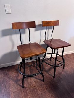 Industrial Wood and Metal Bar Stools Set of 2