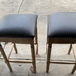 Gun Metal Gray  Leather And Wood  Bar Stools