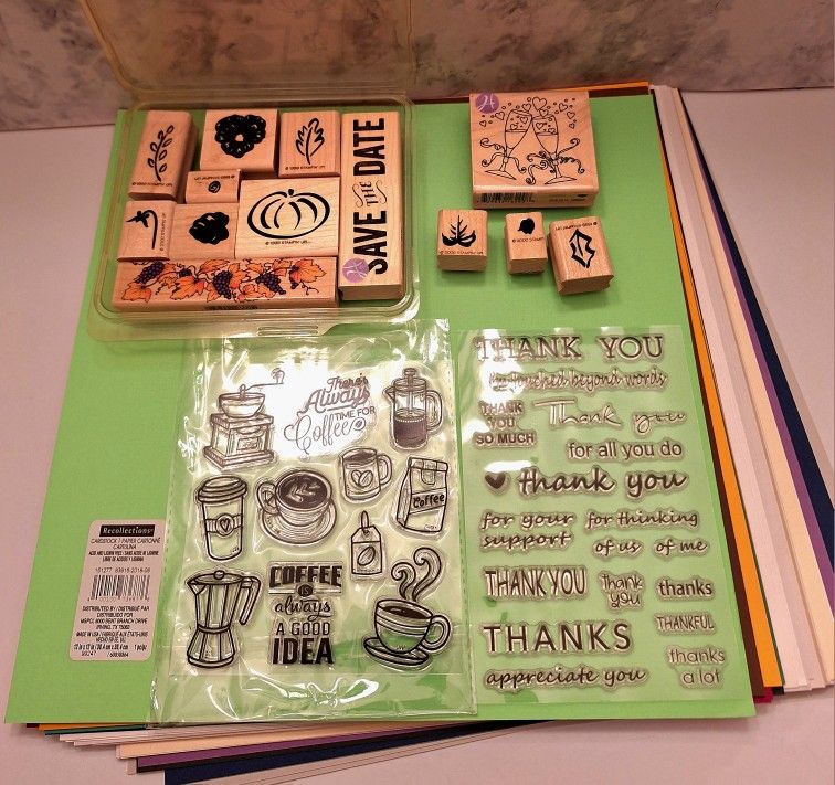 CARD MAKING CRAFT SUPPLIES- 50 SHEETS 12 X12 CARD STOCK - 13 RUBBER STAMPS, 2 SHEETS CLEAR STAMPS
