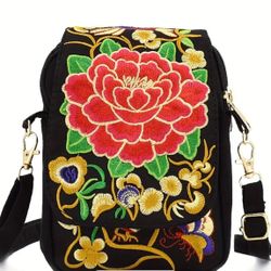 Red flower Women's Embroidered Crossbody Bag, Small Canvas Shoulder Bag, Stylish