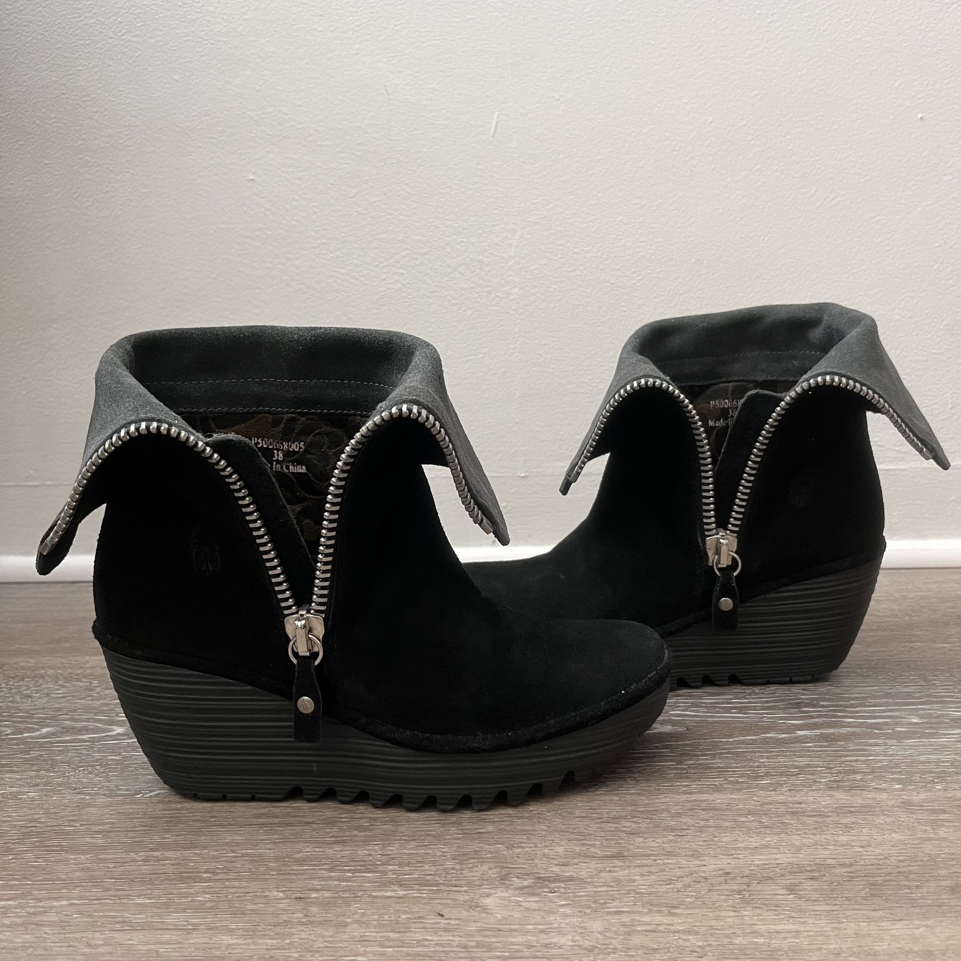 Fly London Yex Black Suede Fold Down Cuff Side Zip Wedge Ankle Boot