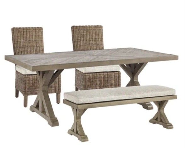 Beachcroft Beige Outdoor Dining Table with 2 Chairs and 2 Benches/ Financing Options