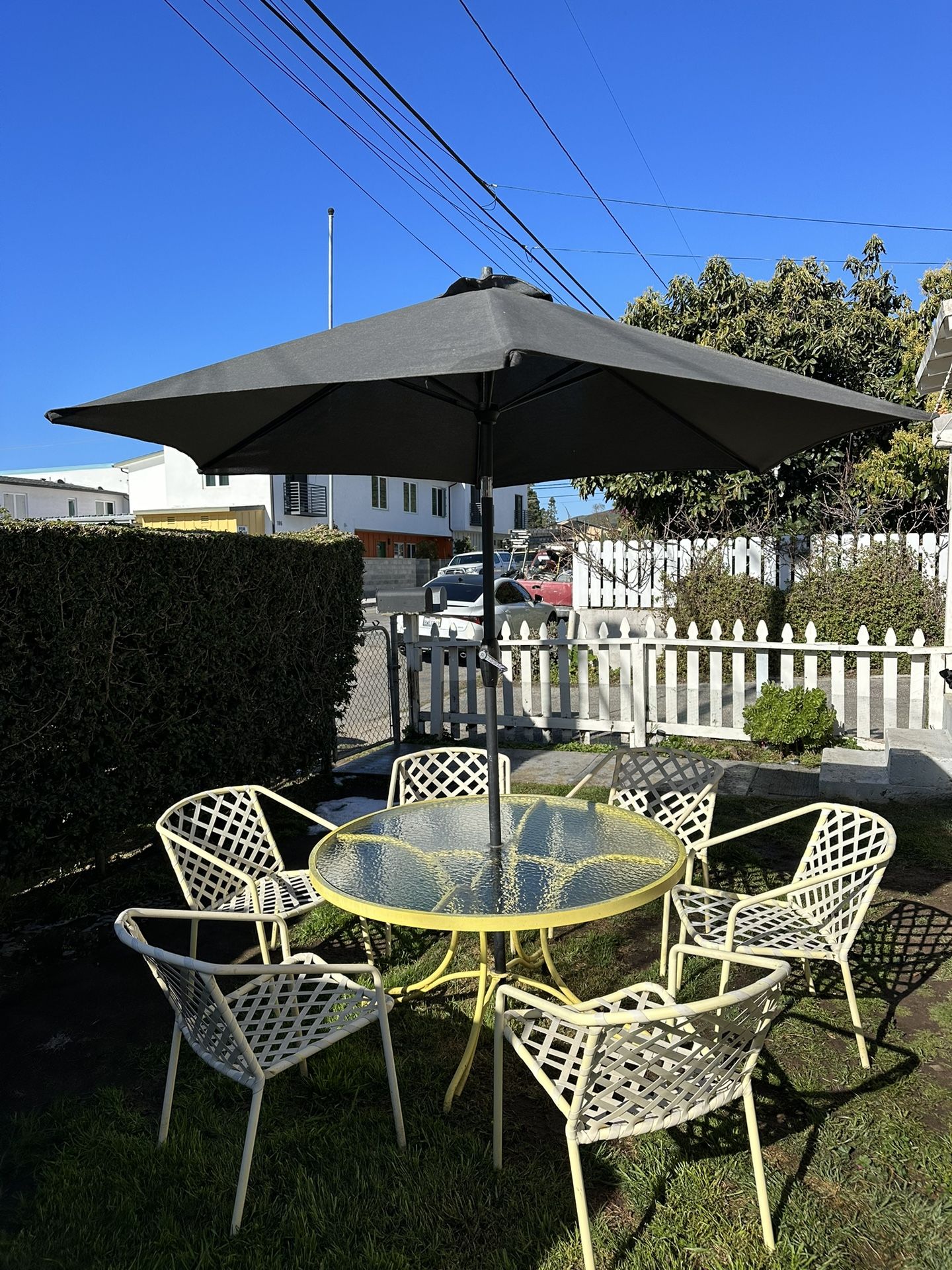 Vintage Outdoor Glass Table And Chairs / With Umbrella