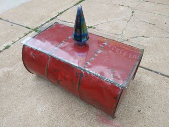 Red metal industrial coffee table for your man cave with glass top for sale