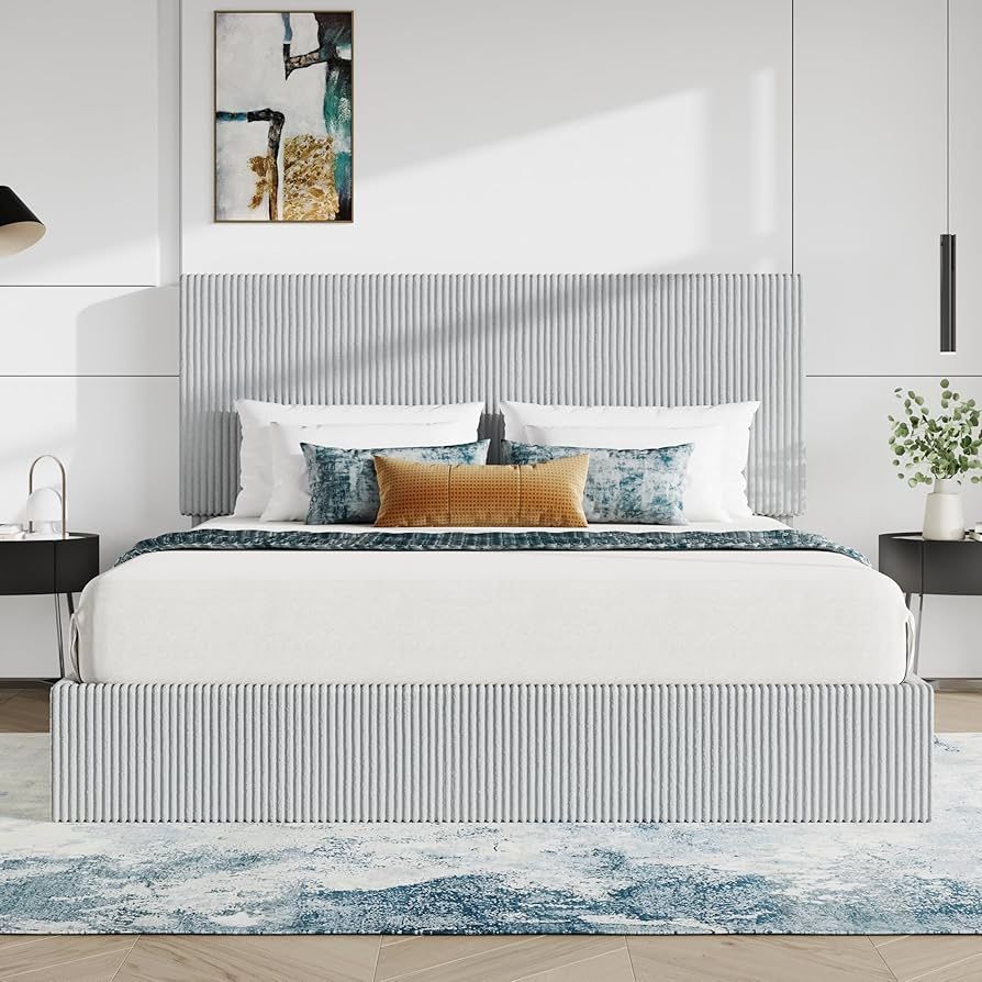 King Size Bed Frame, Corduroy Upholstered Platform Bed, Adjustable Vertical Channel Tufted Headboard, Modern Low Profile Frame, No Box Spring Needed,