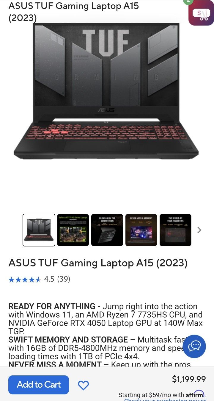 Asus TUF A15 Ryzen 7735S / 32GB / 1TB / RTX 4050