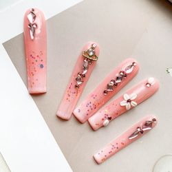 Handmade Pink Press-on Nails with Rhinestones, Glitter Sequins and Small Flower Decorations