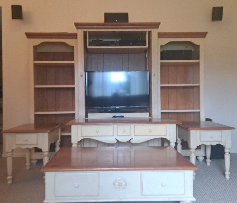 Price Reduced!  Entertainment center, bookcases, 4 matching tables