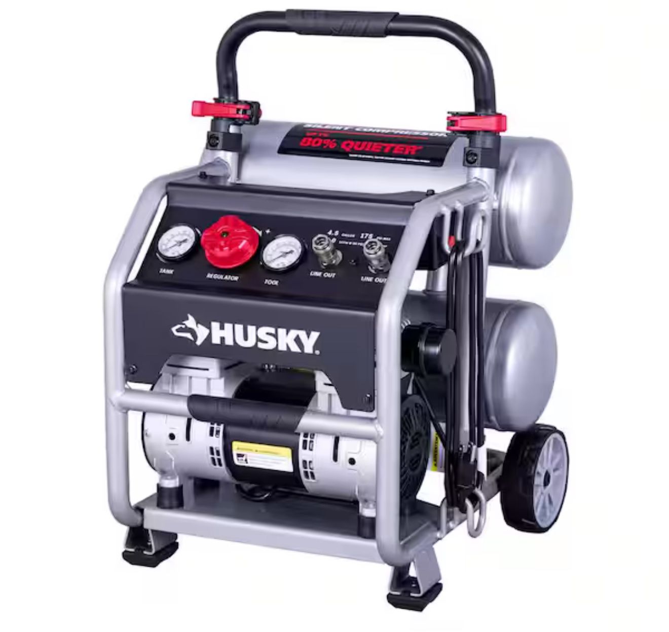 4.5 Gal. 175 PSI Portable Electric Oil-Free Quiet Twin Stack Jobsite Air Compressor w/Rubber Wheels and 2-Quick Couplers