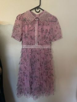 Pink Floral Tiered Ruffle Dress with Beaded Collar