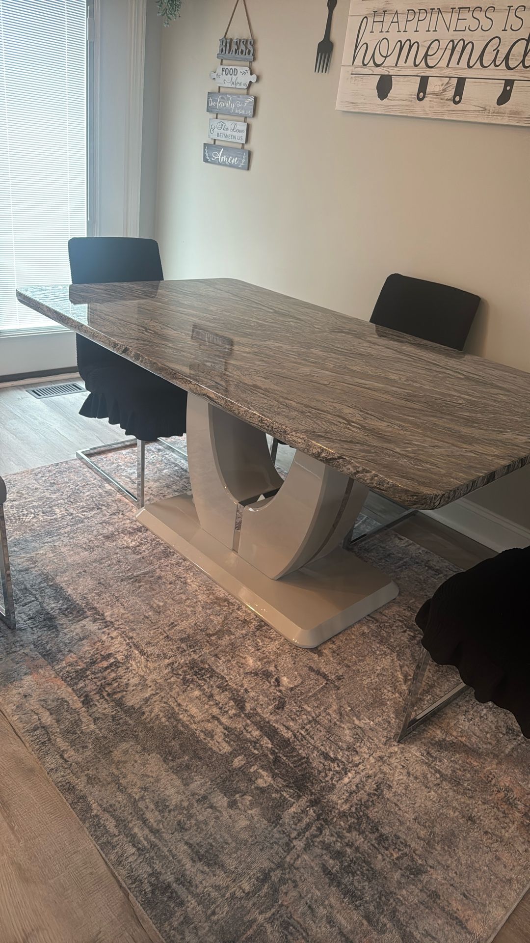 Solid Marble Dining Set W/ 4 Leather Chairs