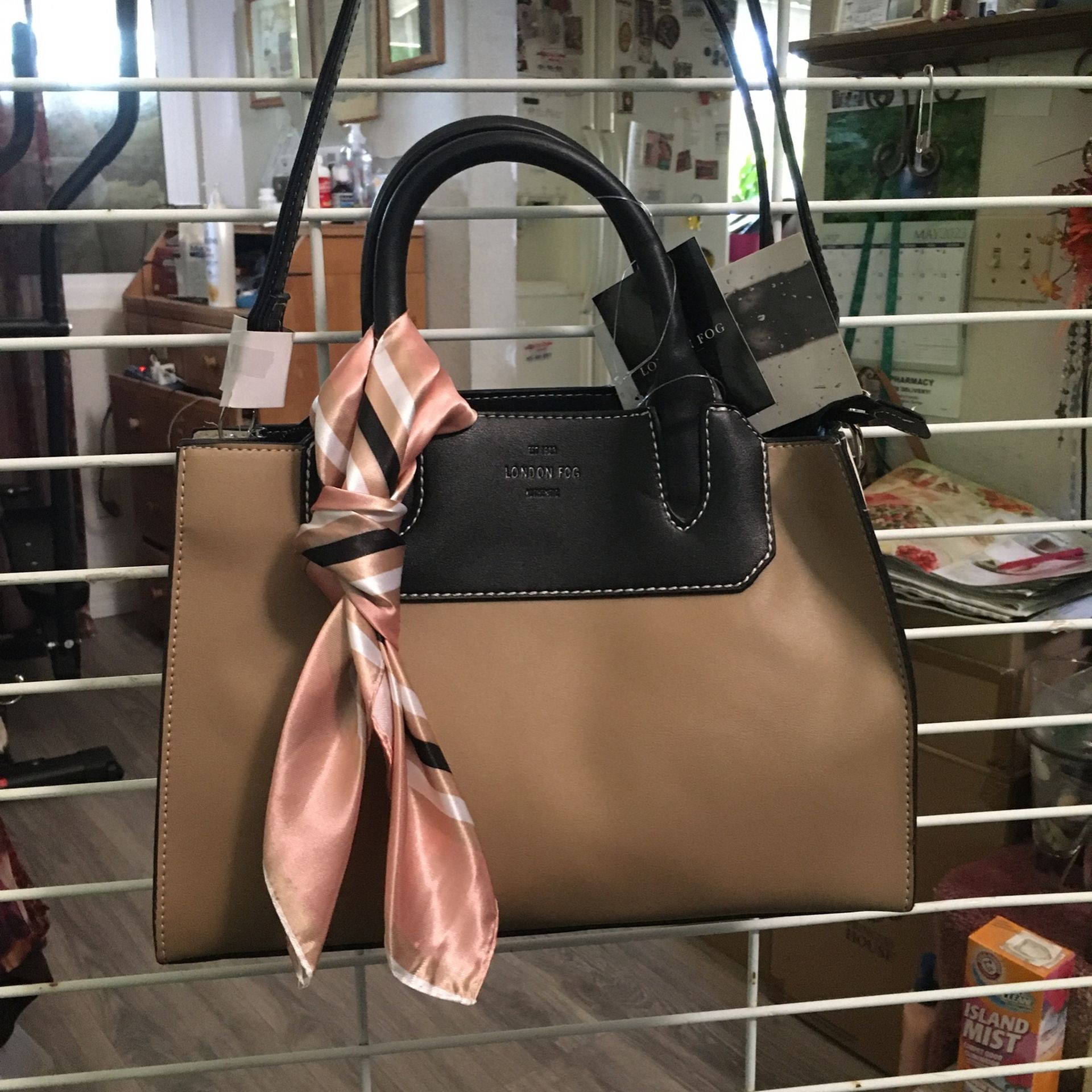 London Fog, Purse, Color Buff/Blk/Ivory, Measurements, B 4x12” H 9”