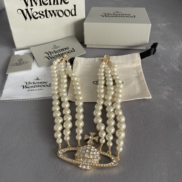 Vivienne Westwood Gold Three Row Pearl Bas Relief Choker
