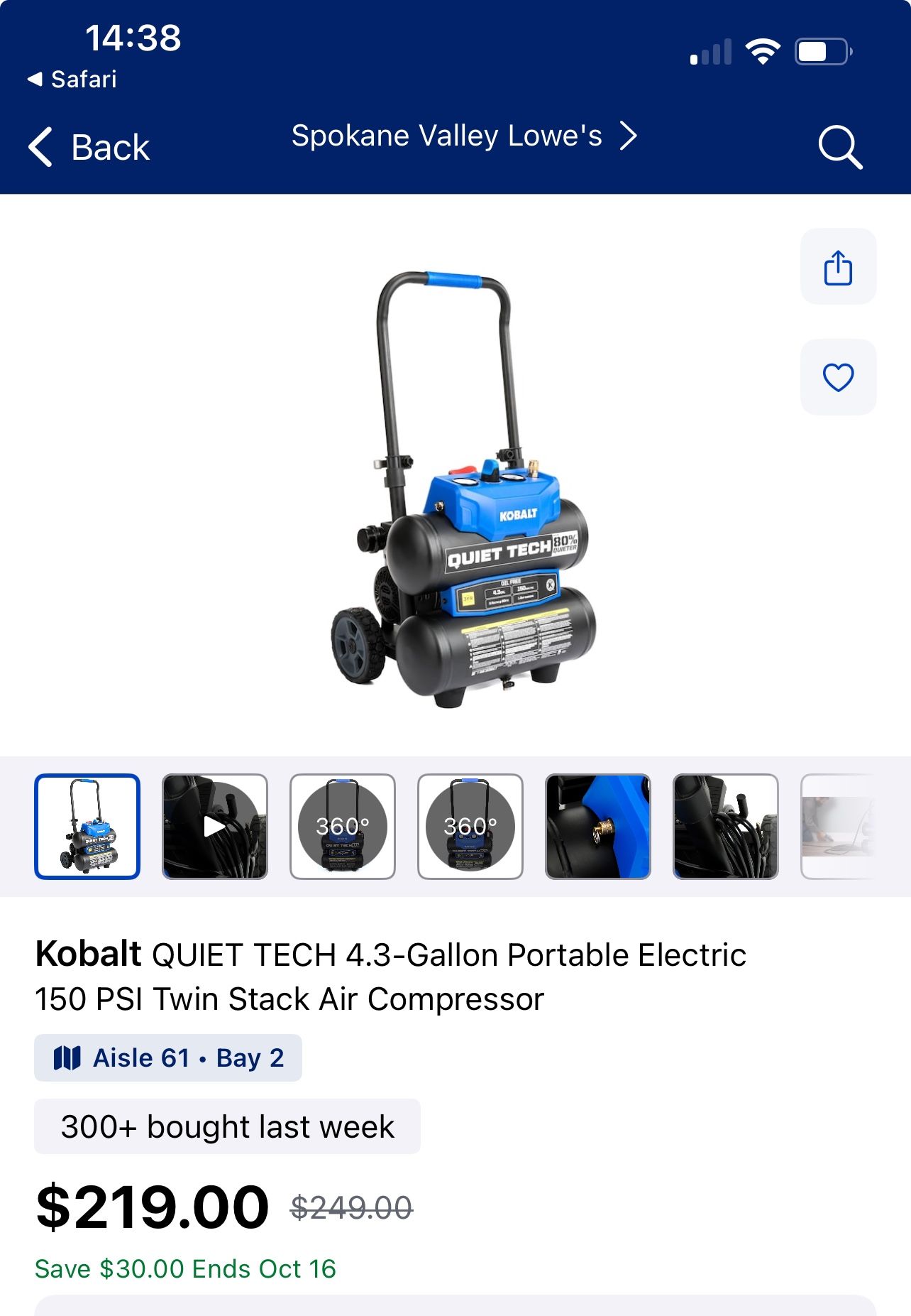 Kobalt Quiet tech 4.3 Gal 150 Max Psi Air Compressor