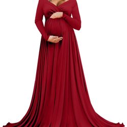 Maternity Off Shoulders Long Sleeve Gown For Baby Shower Photo Props Dress Burgundy XL