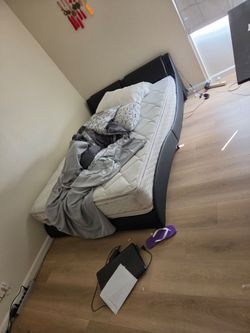 Bed frame with RGB lights, ISB plugs and mattress