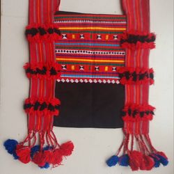 Thai Lahu bag decorated with strips of brightly coloured folded and stitched squares of material.