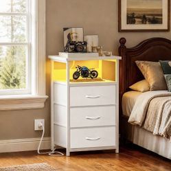 White Bedroom Side Table with LED light and USB ports and outlets.