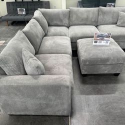 4-pc Sectional Sofa With Ottoman Light Grey Corduroy