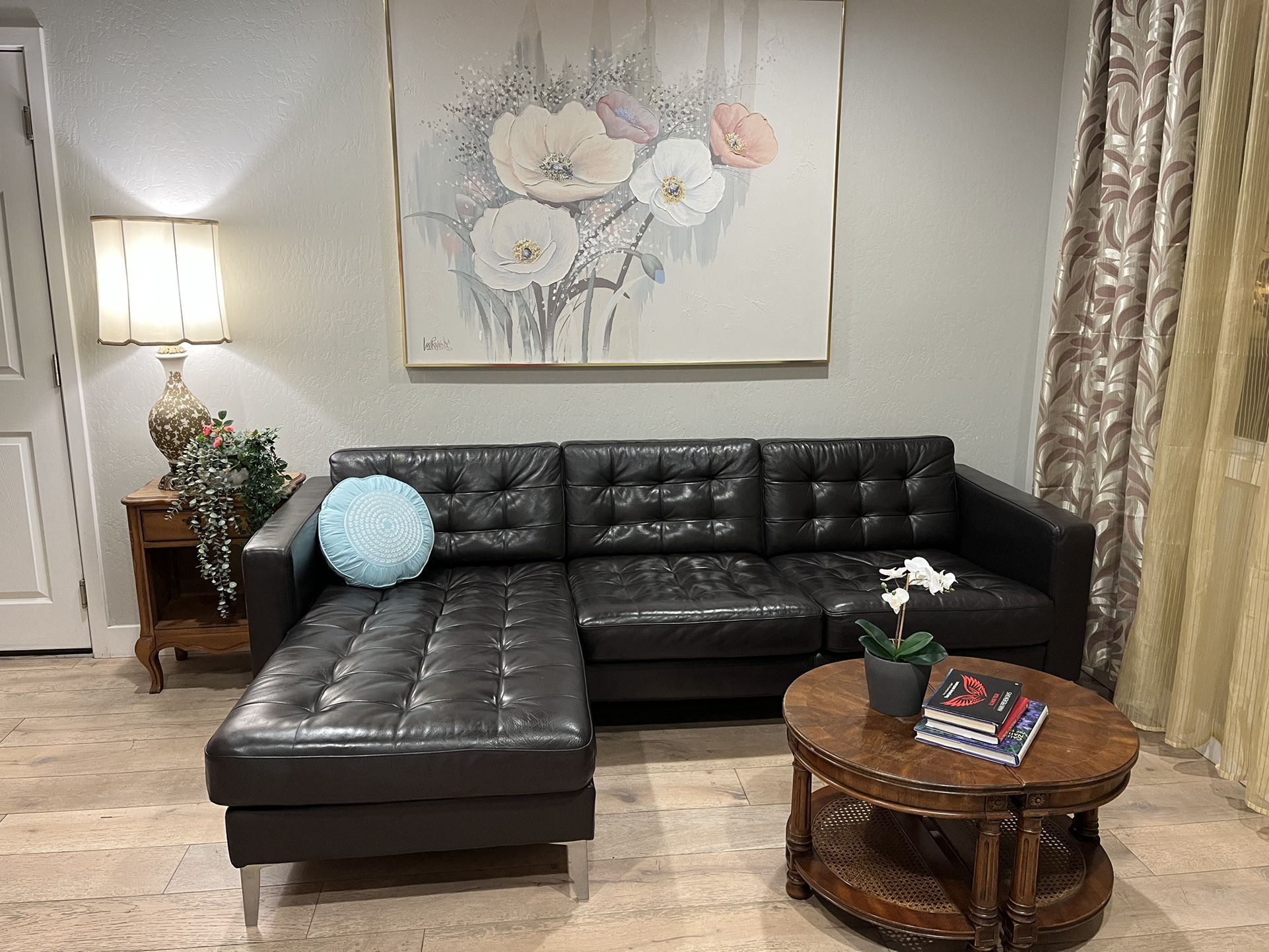 Ikea Landskrona Morabo sofa with chaise brown leather MCM tufted