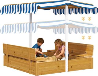 Sand Box with Lid and Cover -Sandbox with Adjustable Canopy, Storage and Bottom Liner Wooden Sand Pit Bench for Backyard Outdoor Indoor Playgrounds fo