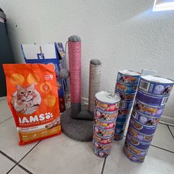 cat food (wet & dry) with scratching post