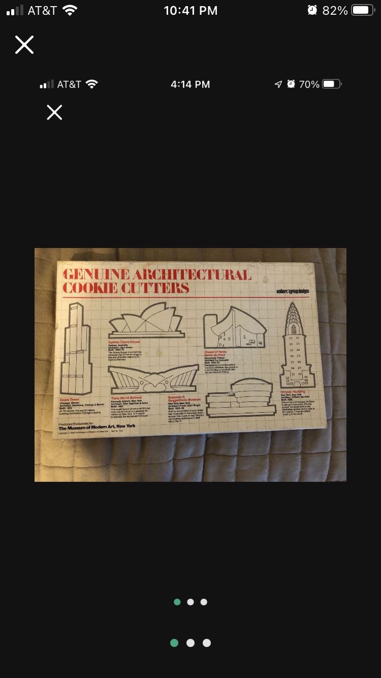 Vintage genuine architectural cookie cutter set. Set includes sears tower, Sydney opera house, trans world airlines, chapel of Notre-dame-du-haut, Sol