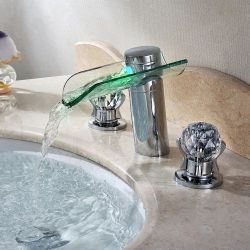 Morga LED Lighted Waterfall Bathroom Widespread Sink Faucet with Crystal Handles-058