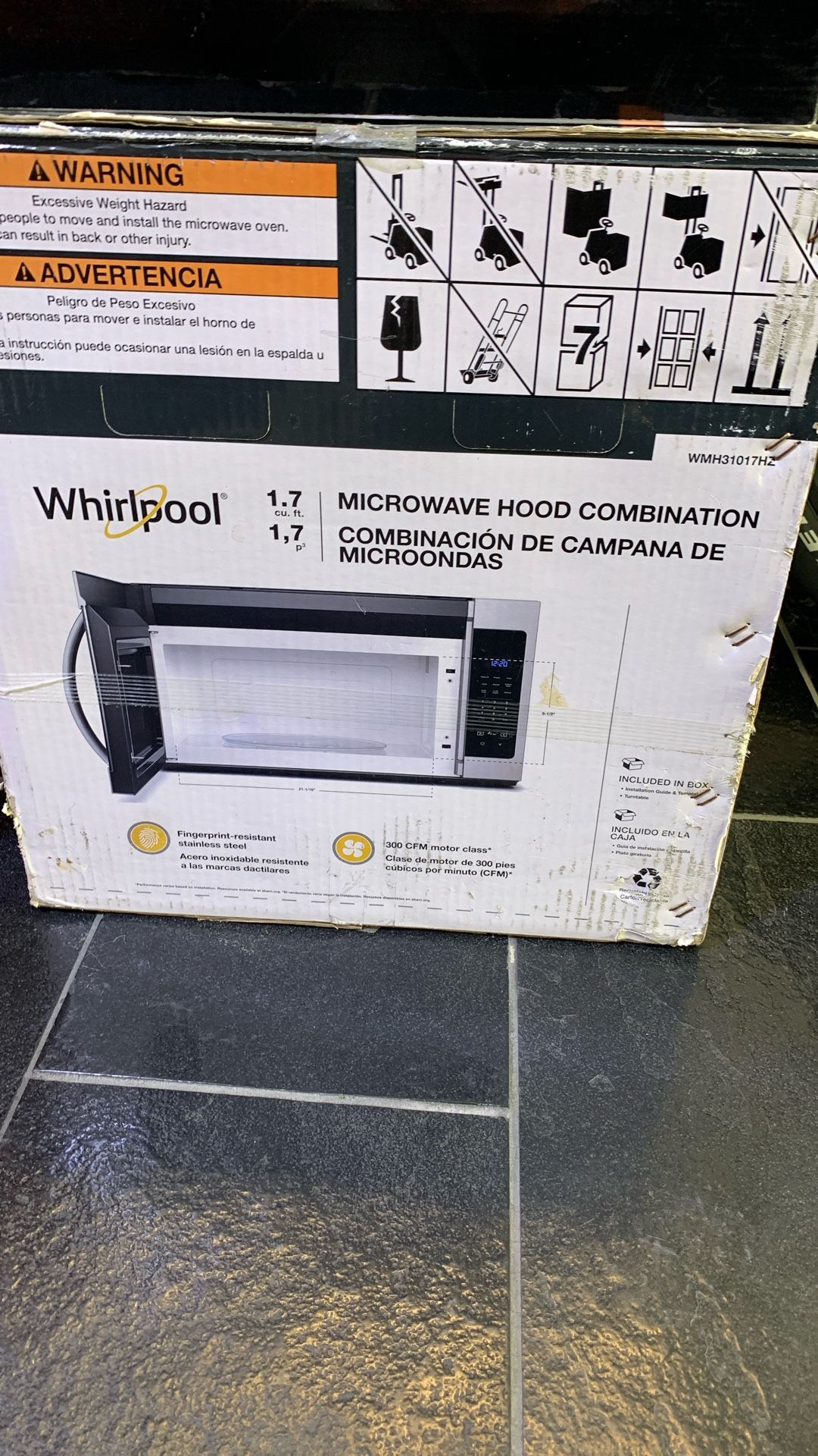 Whirlpool 1.7 Cubic Ft Microwave/Hood Combo, New in Box!