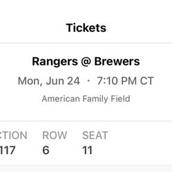 Rangers @brewers Monday June 24th 7pm. 1 Ticket