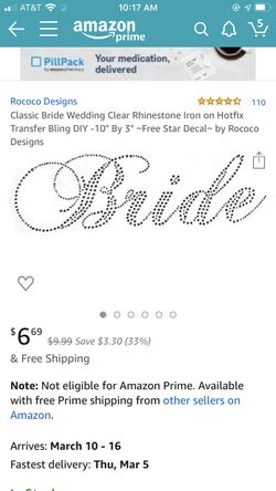 Classic Bride Wedding Clear Rhinestone Iron on Hotfix Transfer Bling DIY -10" By 3" ~Free Star Decal