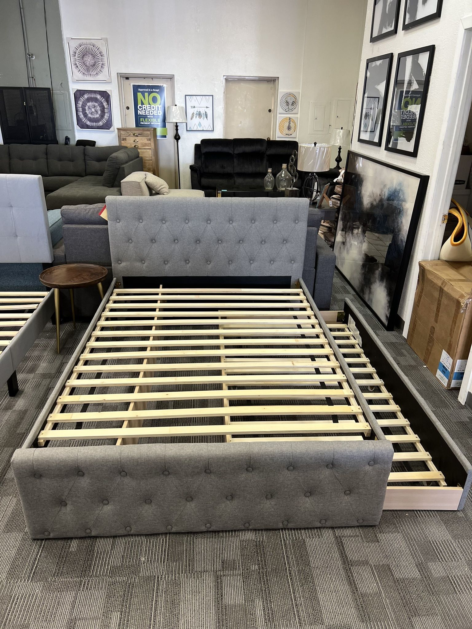 Full Grey Linen Trundle Bed Frame