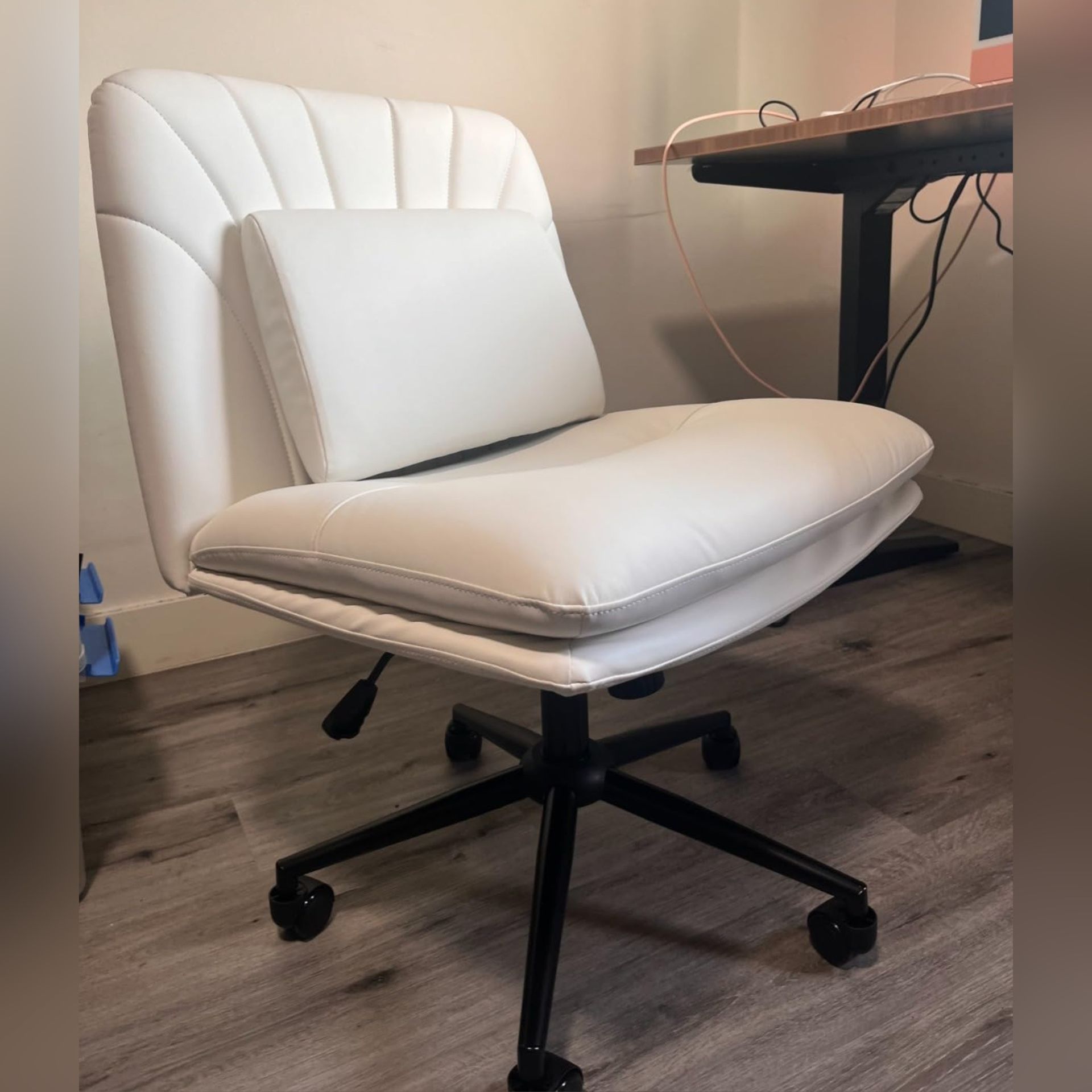 White Criss-Cross Armless Desk Chair w/ Wheels, PU Leather, Lumbar Cushion (NEW IN BOX)