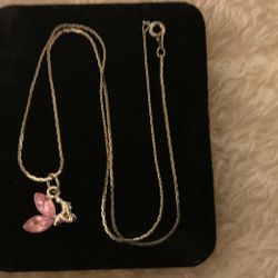 Silver Necklace and  Angel Pendant/with Pink Rhinestones 