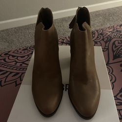 BP. Jett Leather Ankle Boots in a brown or cognac color, featuring a stacked block heel and a back zipper closure