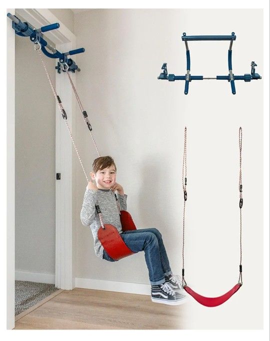 Gym1 2-Piece Doorway Gym for Kids, Includes Door Sensory Swing, Indoor Pull-Up Bar for Adults, Rings, Hanging Trapeze, Ladder & Knotted Rope, Holds Up