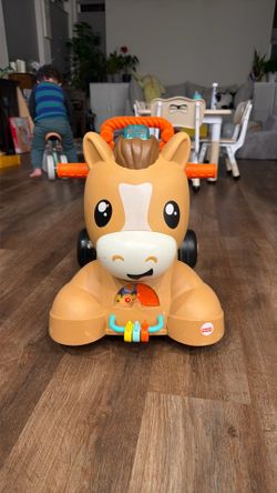 Baby walk and ride horse.