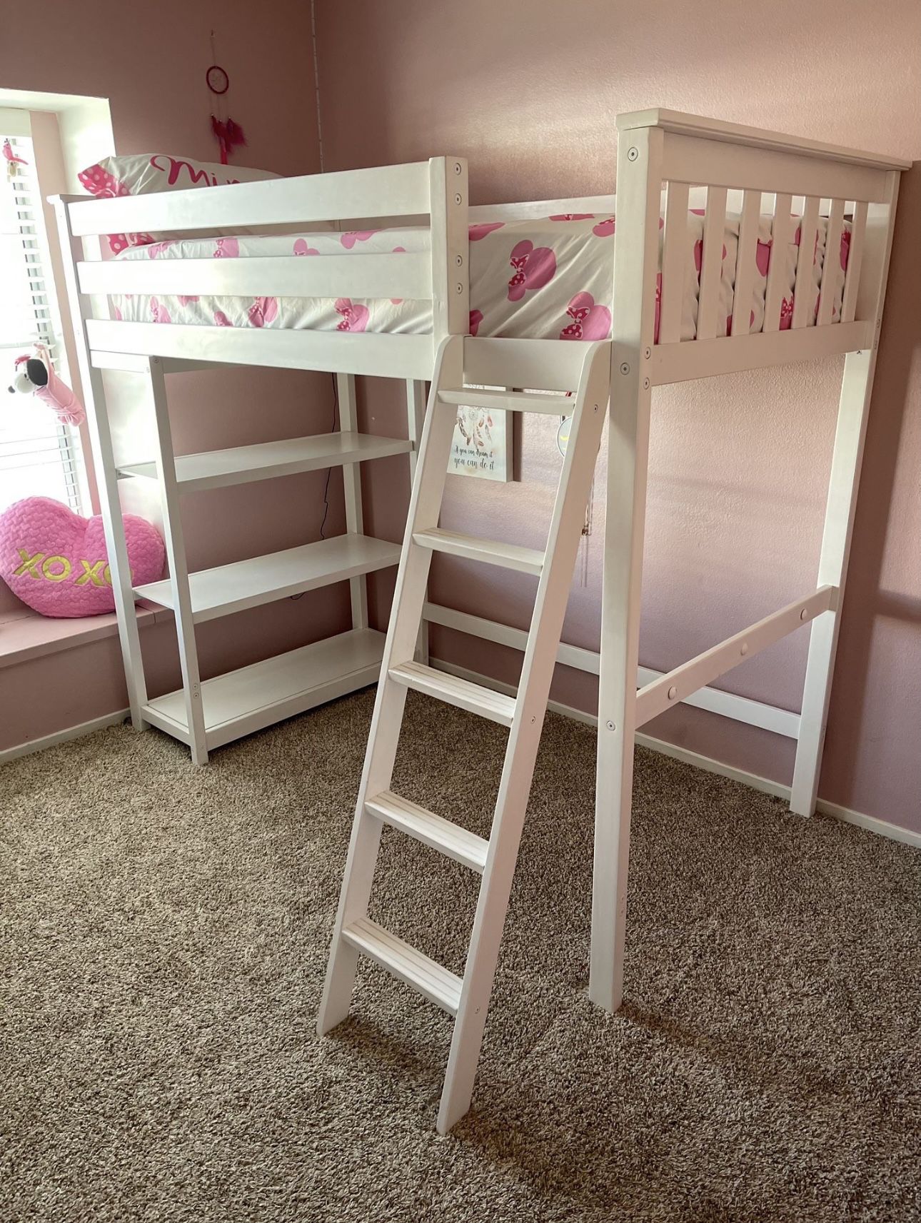 Max&Lily High Loft Bed - White Twin with Shelves