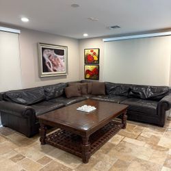 Dark Brown Real Leather Sectional Sofa and Wood Table
