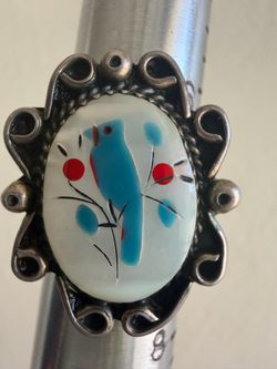 Vintage sterling Silver Ring with Painted Bird Stone