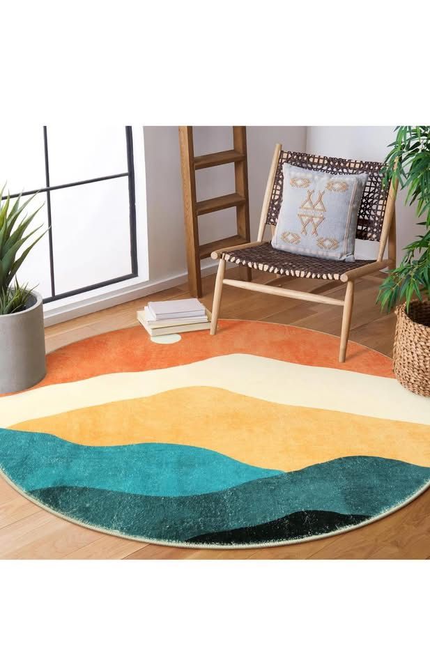 6 ft Abstract Round Rugs for Bedroom, Washable Non-Slip Circle Rug, Soft Colorful Low-Pile