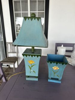 Neiman Marcus Blue Lamp and a Metal Vase