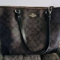 Authentic Coach Zipper Tote Brown And Leather Gently Used With Chain Tag Attached 