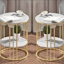 2 PCS 2 Tier Round White Sofa Side Table - Small Coffee Table with Golden Frame - Modern Bedside Nig