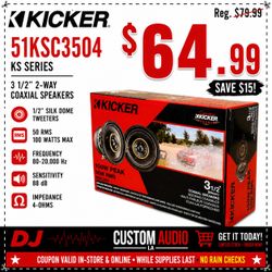 Kicker KSC350 Car Speakers 1 Set 3 1/2" 2-Way Coaxial Speaker System 100 Watts 51KSC3504 🚨 Payment Options Available 🚨 No Credit Needed 🚨