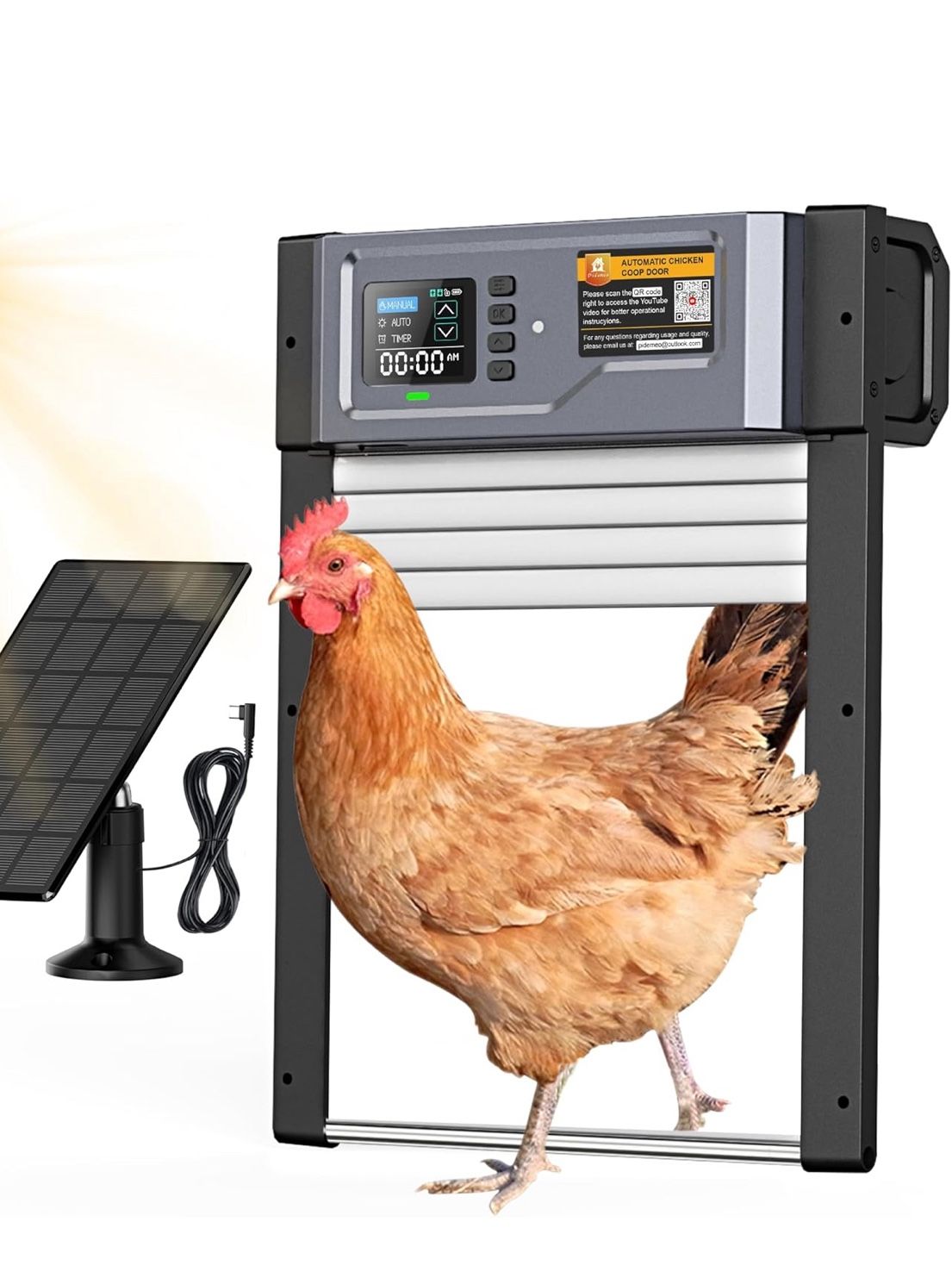 Automatic Chicken Coop Door Solar Powered with Timer/Light Sensor, Anti-Pinch, Durable Aluminum Alloy Auto Chicken Door, Charge with Large Solar Panel