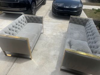 Gray Velvet Tufted Sofa Set with Gold Frame