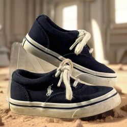 Polo Ralph Lauren Childs Navy Keaton Shoes Sz 6 Canvas Lace Up Pony Logo EUC
