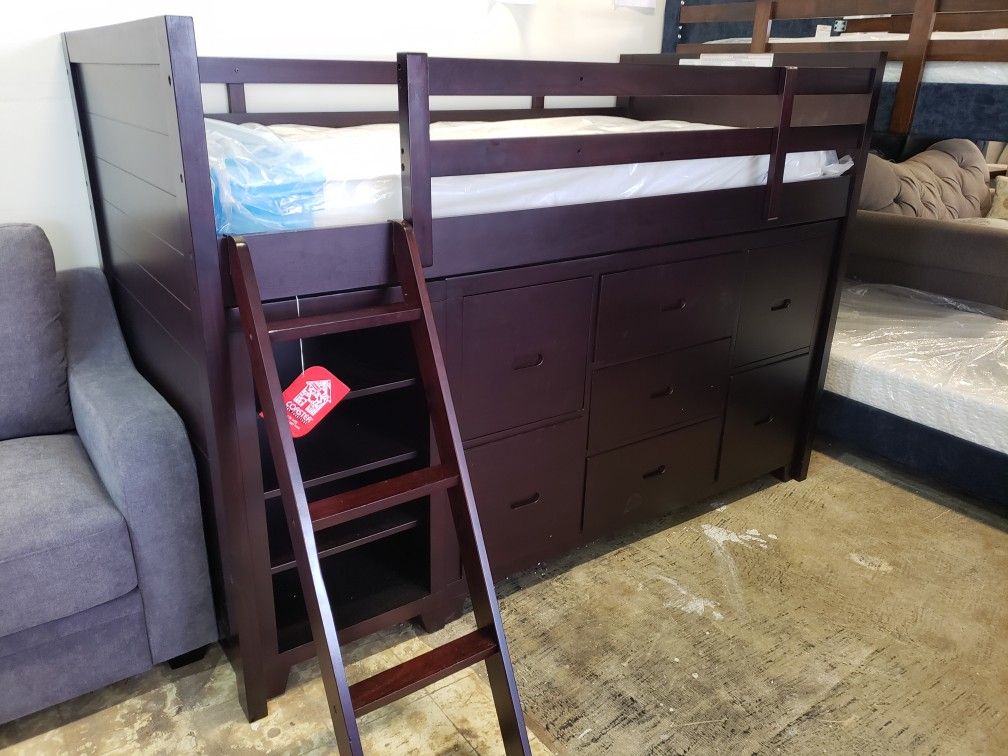 New twin size loft bed frame with dresser and bookcase