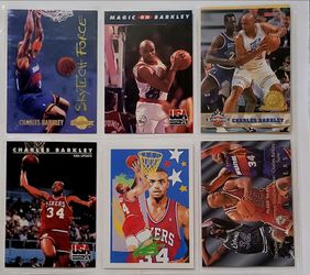 Six vintage basketball trading cards showcasing Hall of Famer Charles Barkley, primarily spanning his iconic run during the early 1990s with the Phila